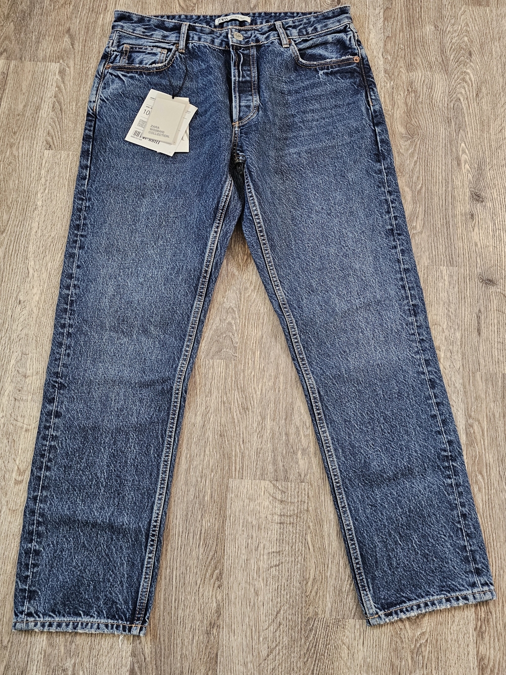NWT Zara Rigid Denim Collection High Rise Straight Leg Button Fly Jeans Blue 34